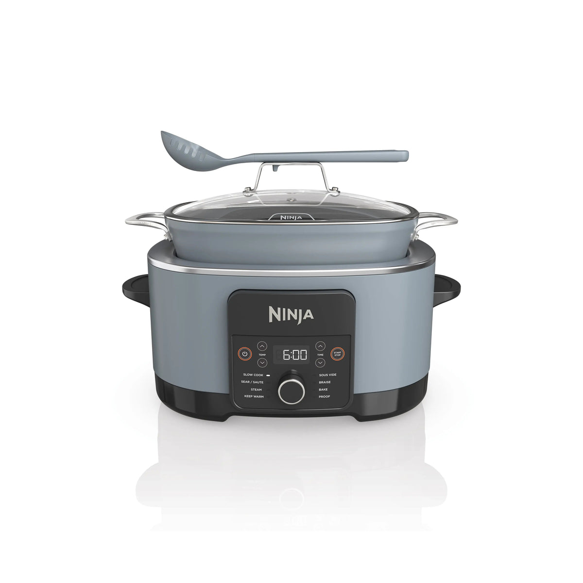 Ninja Foodi PossibleCooker Pro MC1001 in Sea Salt Grey with lid and spoon-ladle
